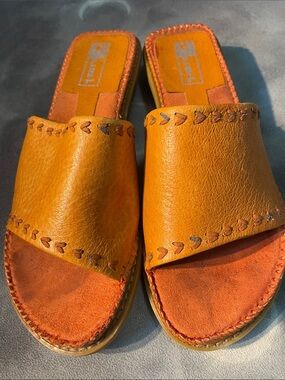 Fuel Orange Leather Slide Mules with Stitch Detail